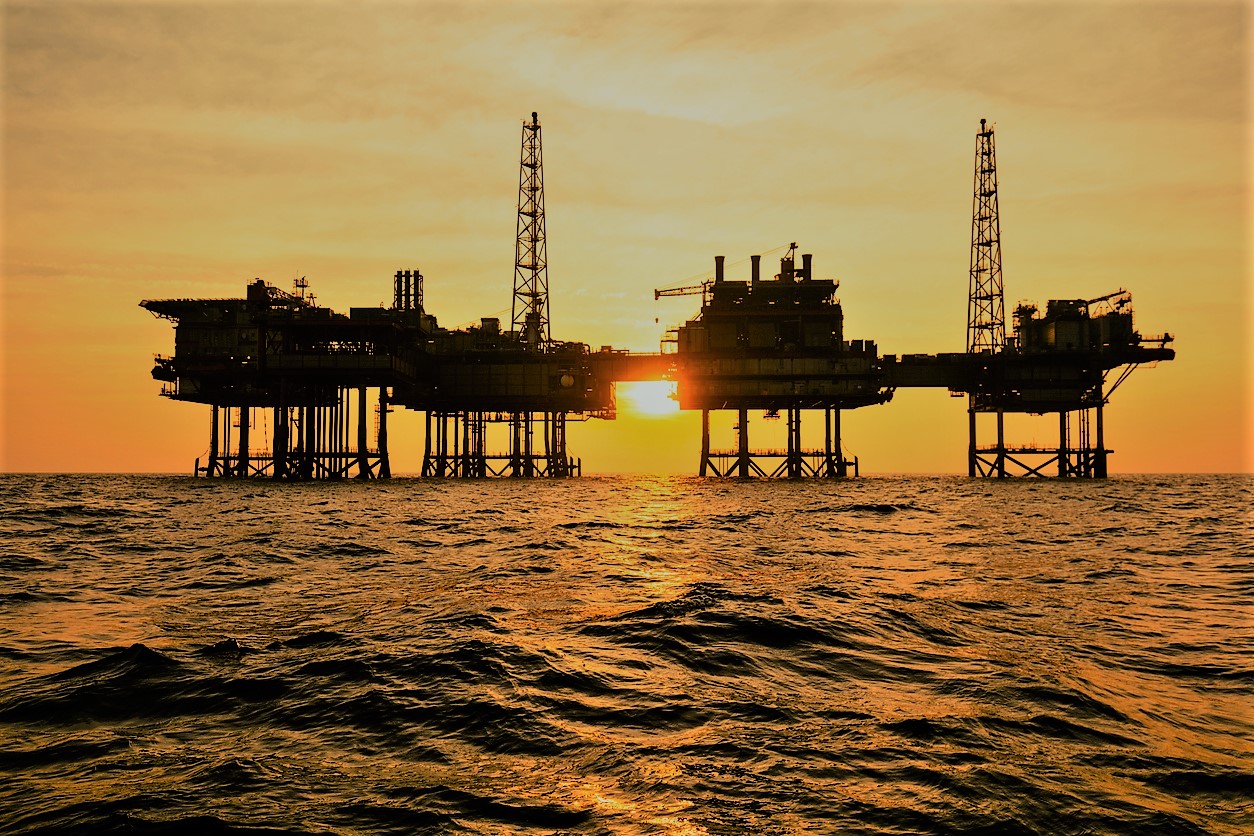 Silhouette of an offshore oil installation